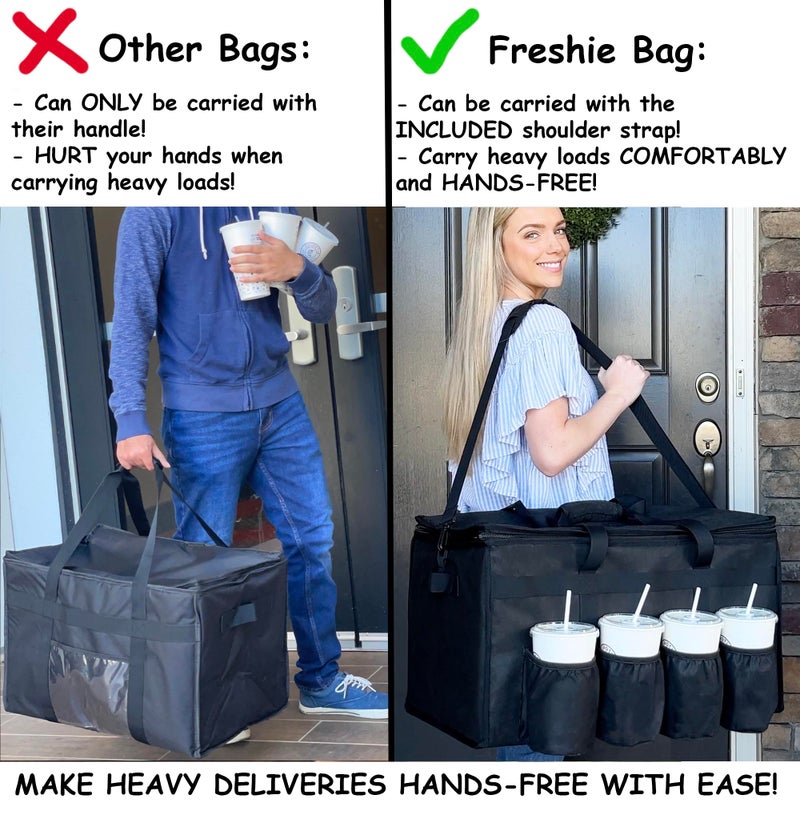 FRESHIE حقيبة توصيل الطعام المعزولة FRESHIE مع حوامل الأكواب / حاملي المشروبات متميزة، لدووردش، أوبر إيتس، جروب هاب، حقيبة بيتزا، تقديم الطعام، مشروبات، جودة تجارية (XL برو) - Image 3